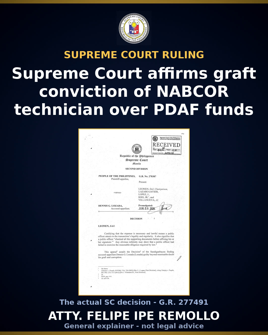 Supreme Court affirms graft conviction of ex-NABCOR official Lozada