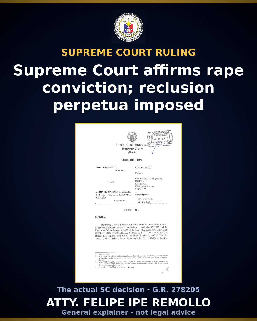 Supreme Court affirms rape conviction in one of three cases vs accused
