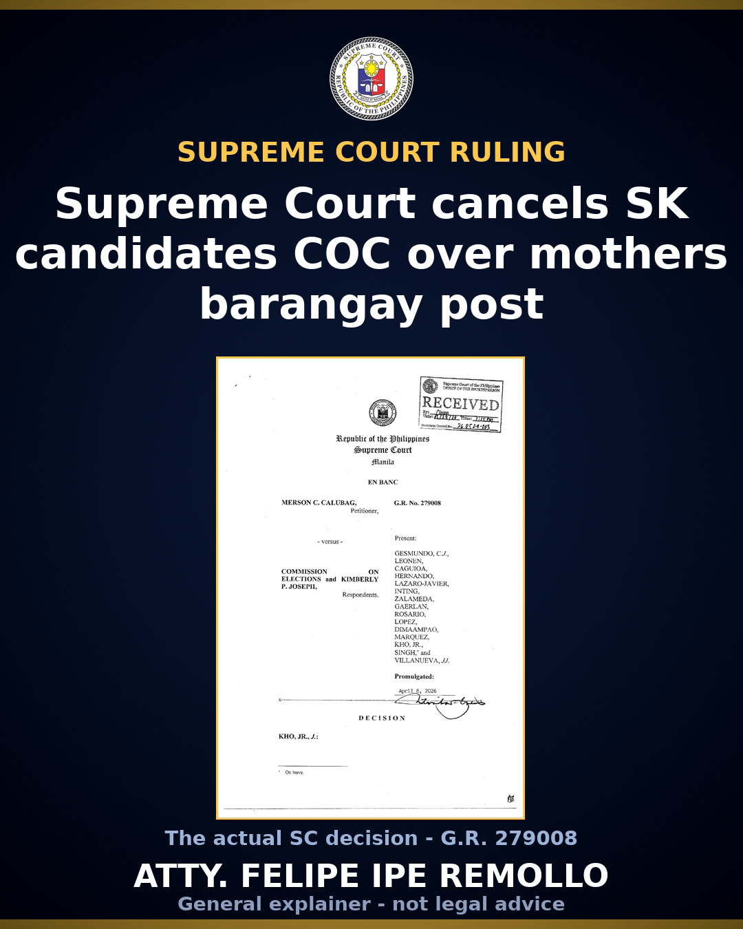 Supreme Court denies SK candidate's bid, upholds COMELEC cancellation of COC
