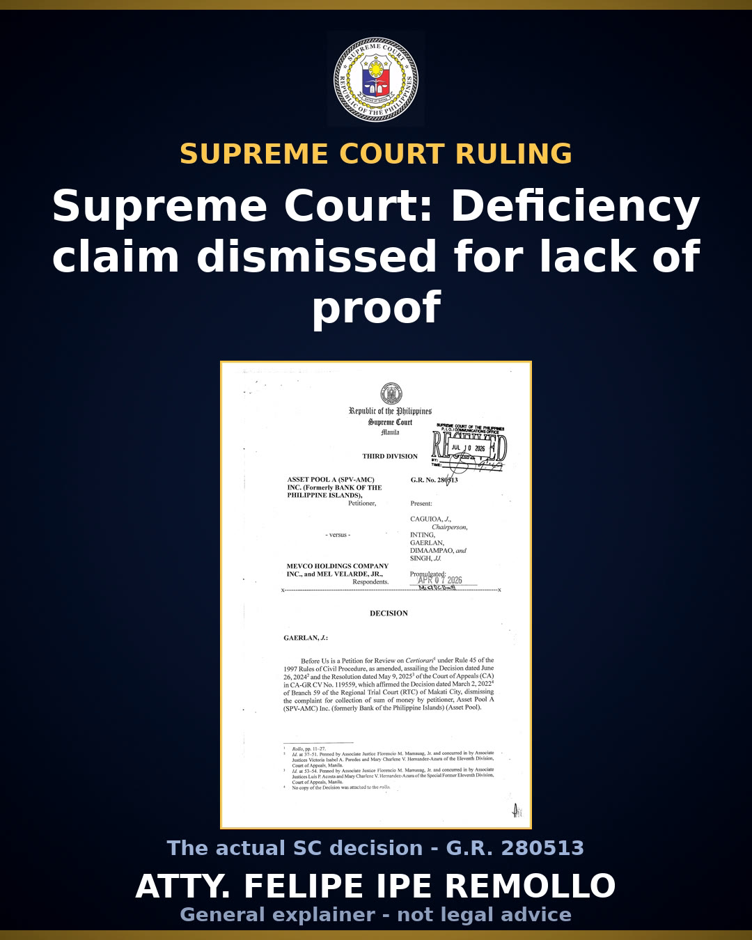 SC upholds dismissal of BPI's deficiency claim vs MEVCO for weak evidence