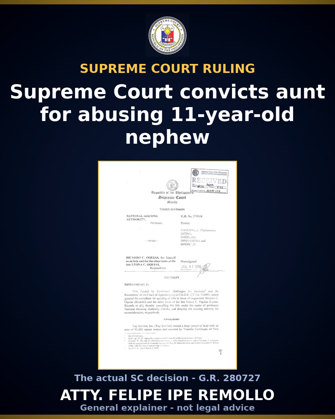 SC affirms aunt's conviction for statutory acts of lasciviousness vs 11-year-old