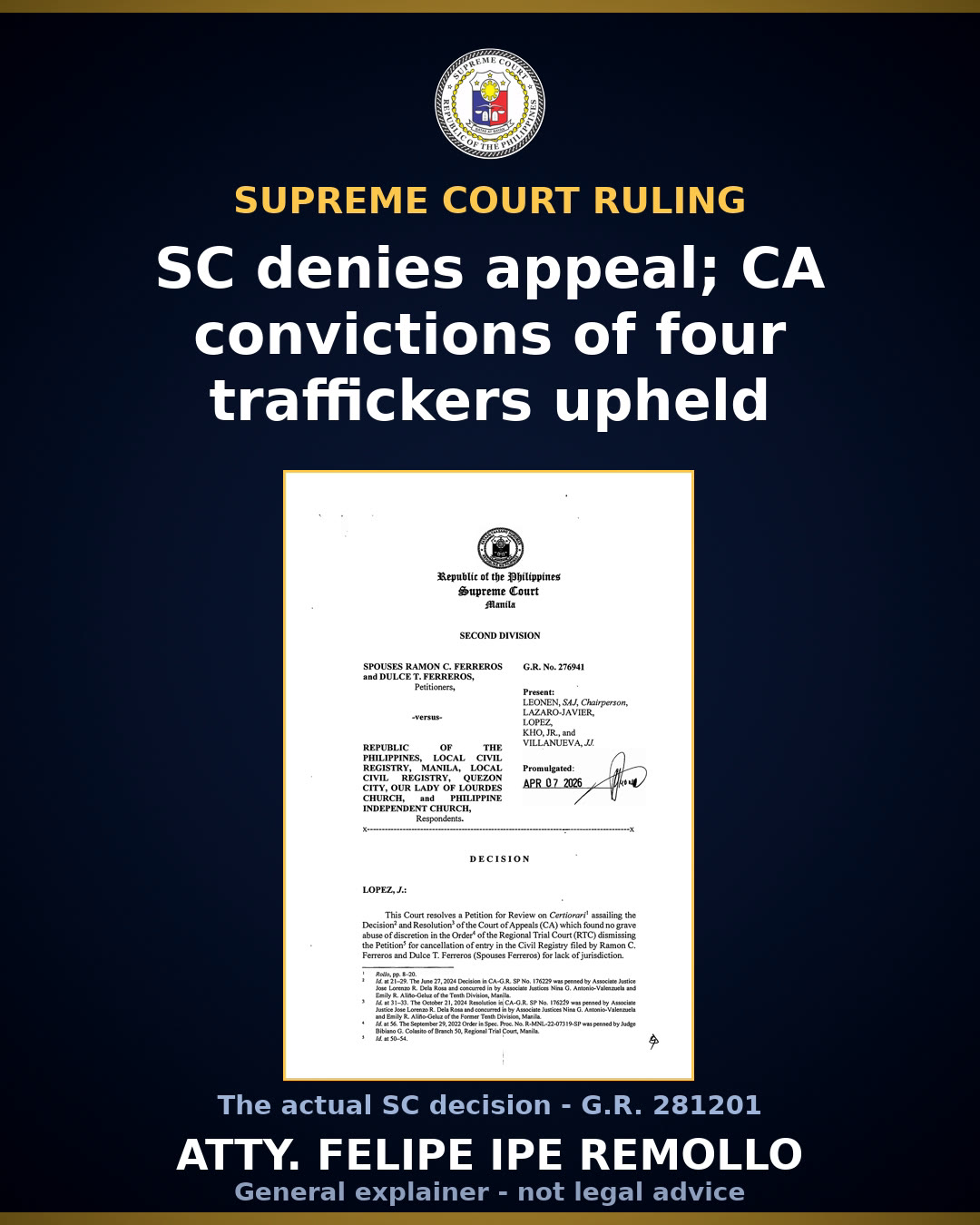 SC upholds life terms for 4 in qualified trafficking of two minors