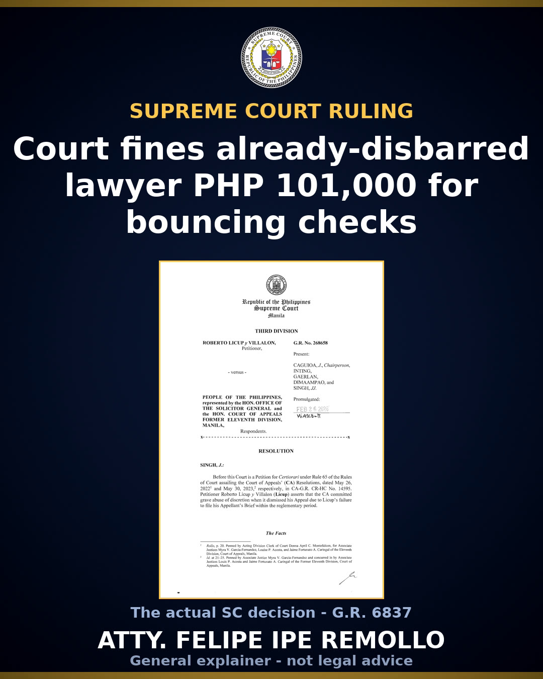 SC fines already-disbarred lawyer PHP 101,000 for bouncing checks