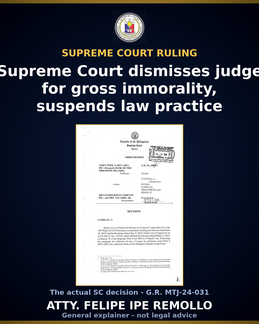 SC dismisses judge from service, suspends him from law for gross immorality