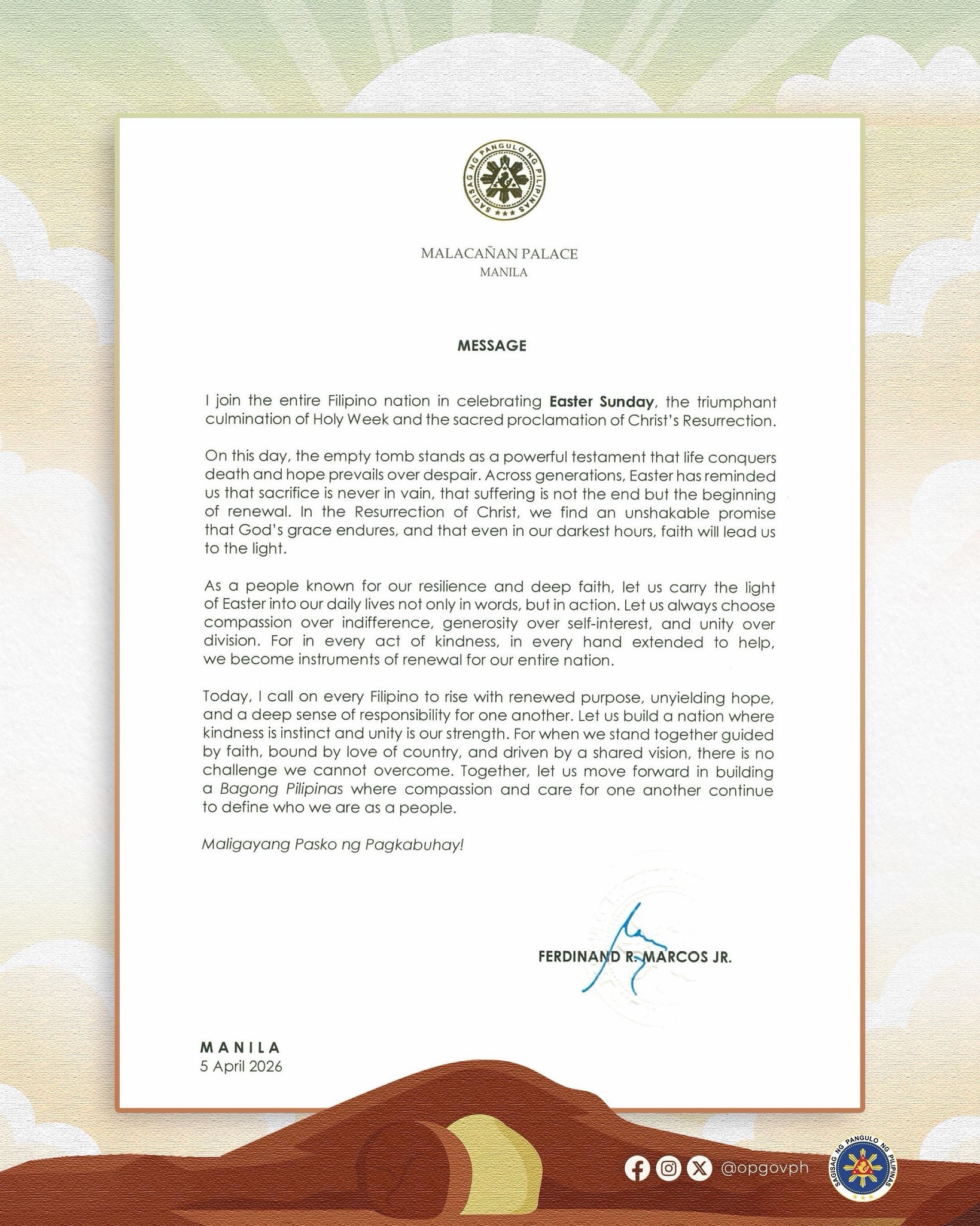 Marcos Calls for Hope, Unity on Easter Sunday