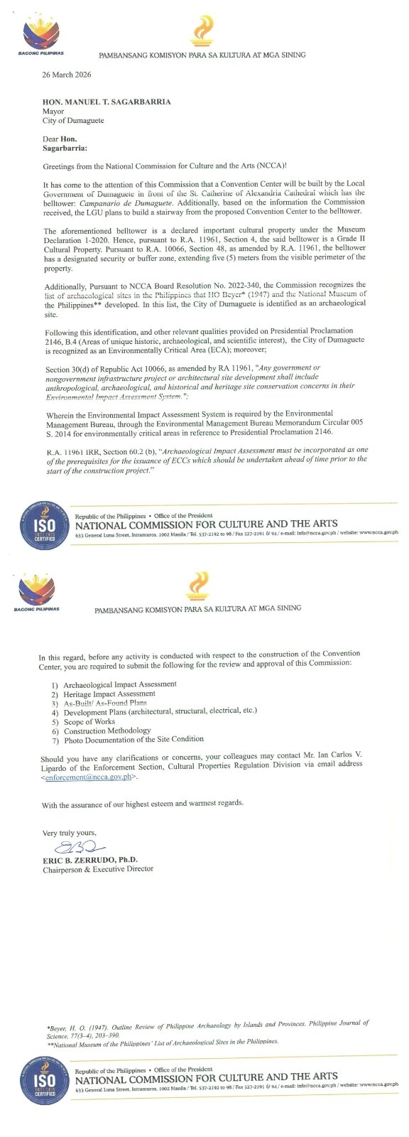 From Convention Center to ₱1.9-B Public Market: Will the Dumaguete Belfry Face the Same Heritage Impact? 3 NCCA letter to Mayor Manuel T. Sagarbarria, Mar. 26, 2026 — requiring an Archaeological Impact Assessment, Heritage Impact Assessment, plans, scope of works, methodology, and site photo documentation before any activity proceeds.