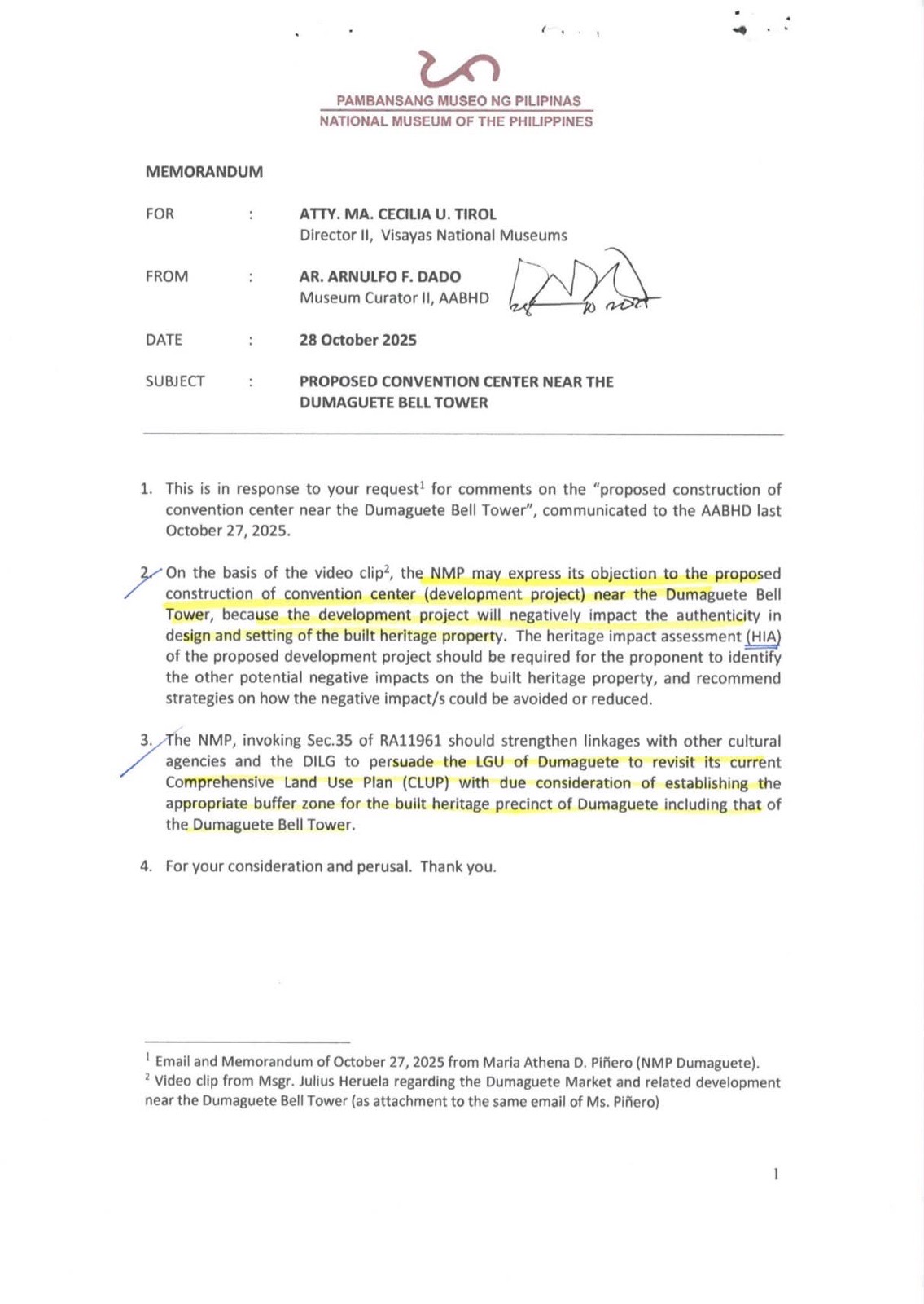 From Convention Center to ₱1.9-B Public Market: Will the Dumaguete Belfry Face the Same Heritage Impact? 2 National Museum of the Philippines memorandum, Oct. 28, 2025 — raising possible objection and requiring a Heritage Impact Assessment for the proposed convention center near the Dumaguete Bell Tower.