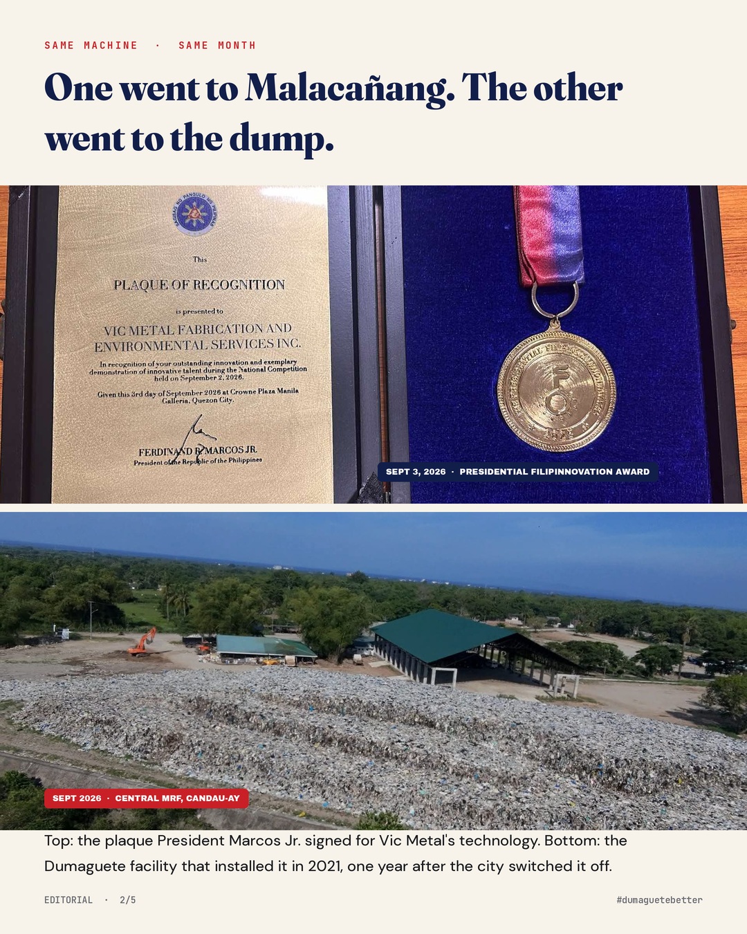 What Happened to Dumaguete’s Award-Winning MRF: A Timeline 2 Top: Presidential Filipinnovation plaque and medal for Vic Metal. Bottom: drone view of unsegregated waste mounds at Dumaguete Central MRF, Candau-ay, September 2026