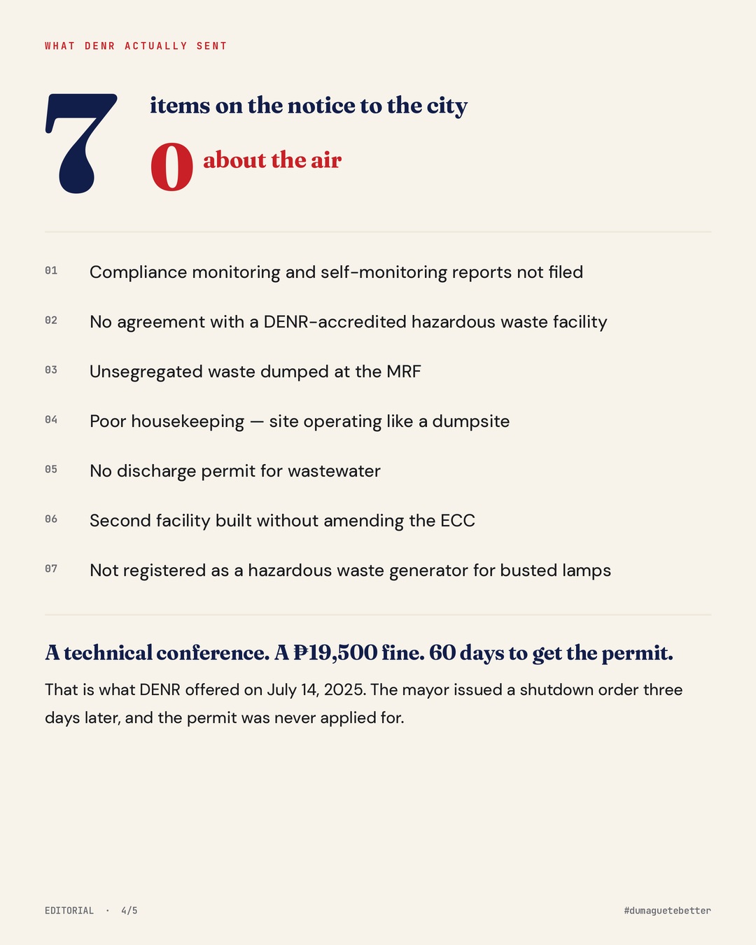 What Happened to Dumaguete’s Award-Winning MRF: A Timeline 3 The seven items on DENR’s July 2025 notice to Dumaguete City, none concerning air emissions