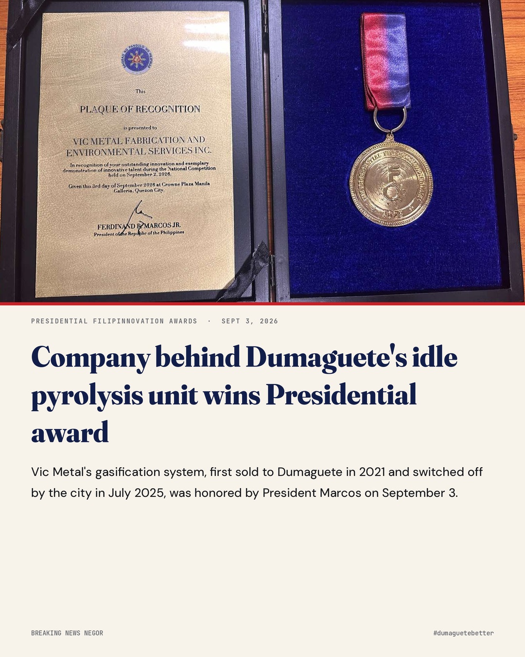 Company Behind Dumaguete’s Idle Pyrolysis Unit Wins Presidential Filipinnovation Award