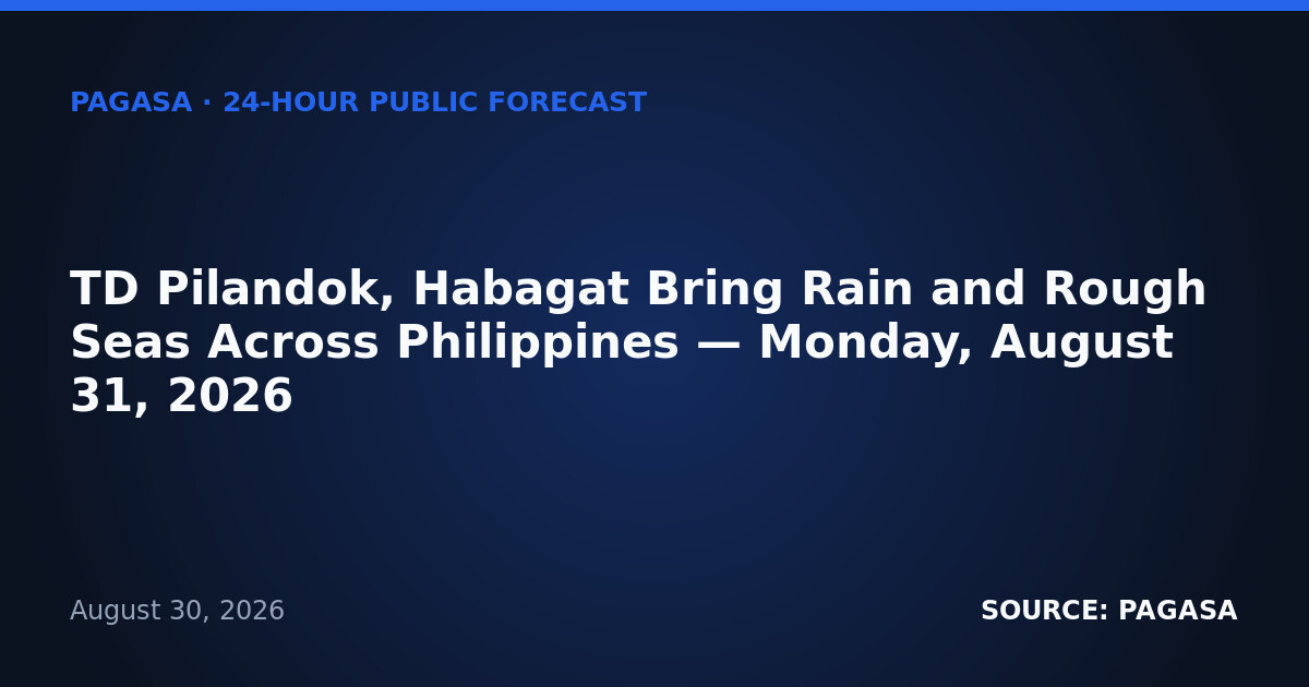 TD Pilandok, Habagat Bring Rain and Rough Seas Across Philippines — Monday, August 31, 2026